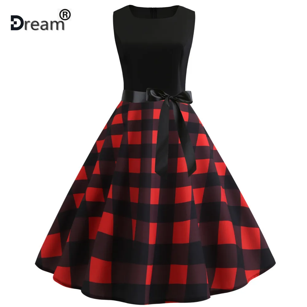 Женское летнее платье Hepburn Rockabilly винтажное с принтом в красную клетку