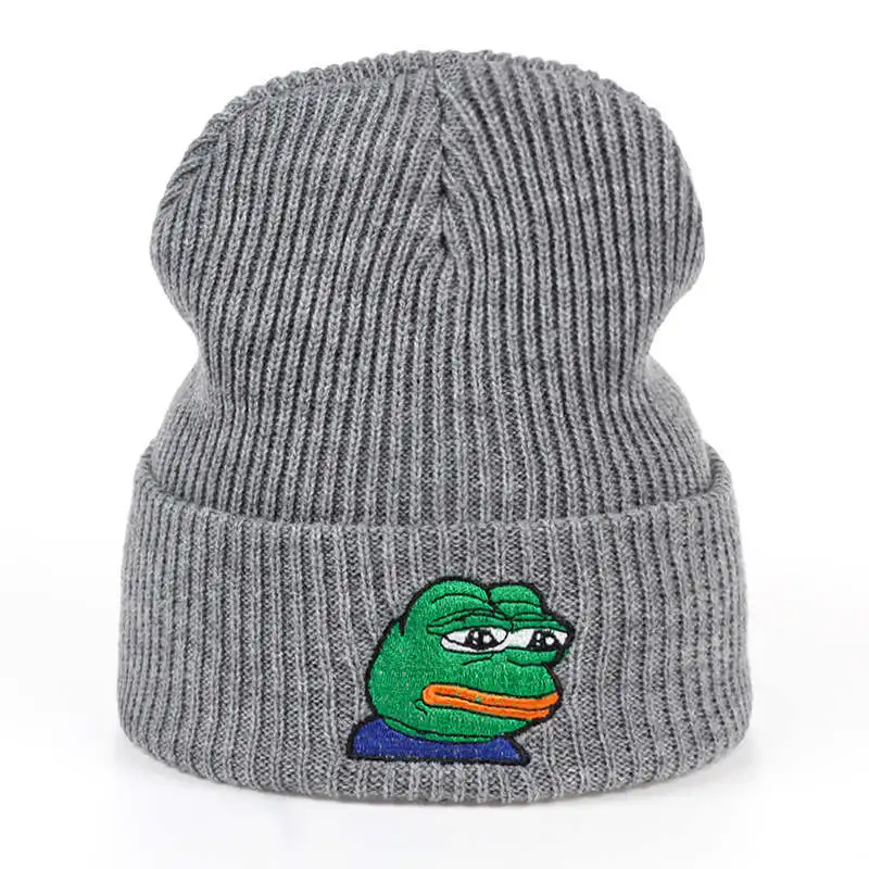 gray 2 TUNICA Sad Kermit Кепка лягушка чувствует себя плохим человеком вязанные шапочки с вышивкой зимняя теплая шапка Sad Meme шляпа лягушки Skullies gorros - Цвет: gray 2