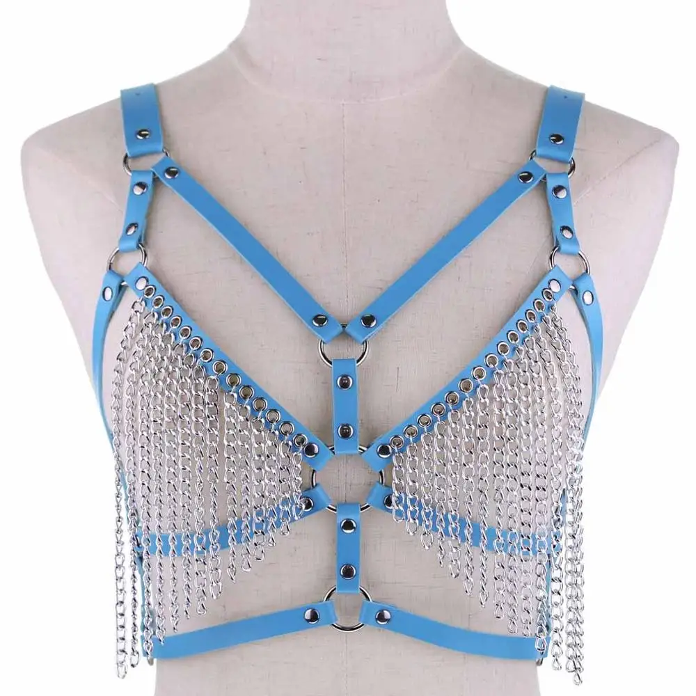 light blue Сексуальный кожаный ремень, цепь тела, бикини, бюстгальтер, готический, панк-рок грудной бандаж, пояс с цепочкой, кисточка, танки, поясные ремни - Цвет: light blue
