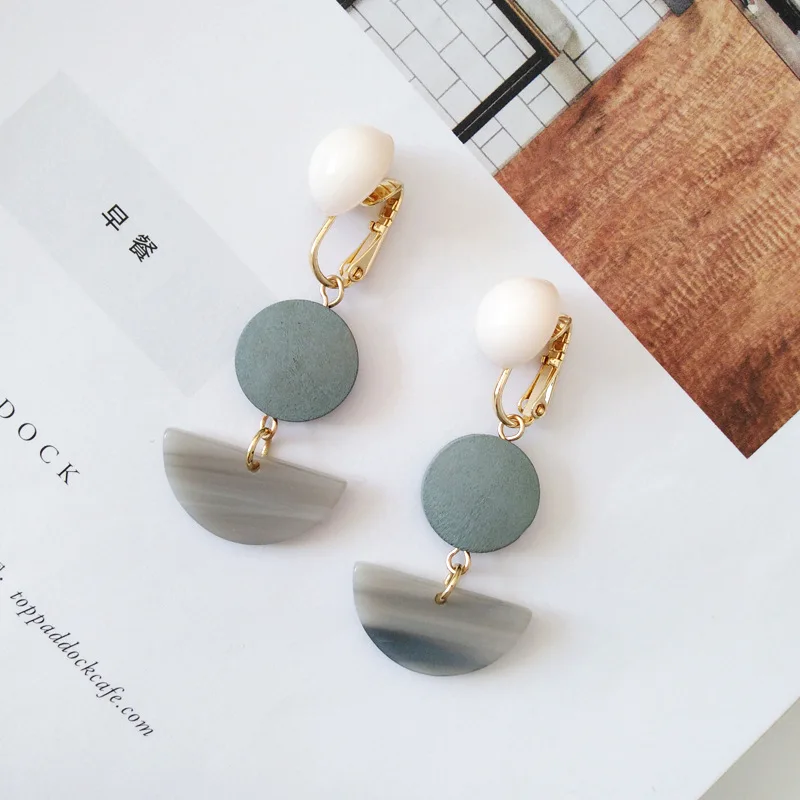 blue NO Pierced Ear Элегантные Простые Женские Геометрические деревянные полукруглые серьги-клипсы, деревянные серьги-клипсы без пирсинг ушей - Окраска металла: blue NO Pierced Ear