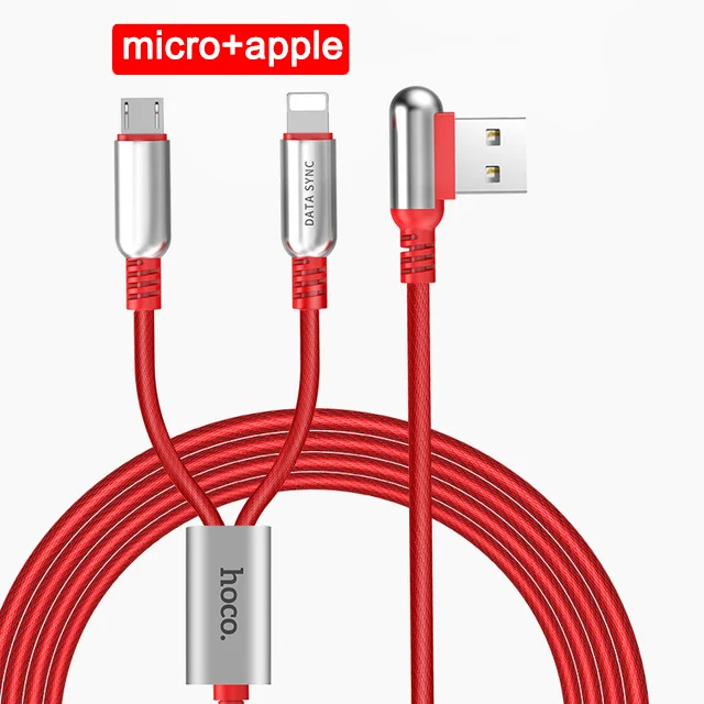 НОСО 3 в 1 Цинковый Сплав 90 градусов 2 в 1 USB Кабель для Зарядки для Apple iPhone Lightning Зарядное устройство Micro-USB Type-C для Samsung Xiaomi Тройник Двойной Провод Тройной Шнур для Айфона Айпада Самсунга Сяоми - Цвет: 2 in 1 red