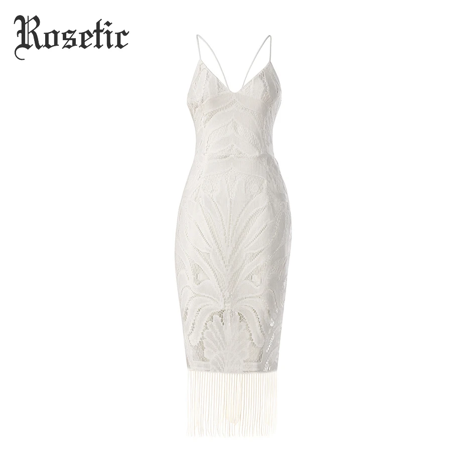 White Rosetic сексуальное обтягивающее платье, Бандажное, с кисточками, с открытой спиной, из кусков, кружевное, черное, женское, летнее, тонкое, модное, Клубное, вечерние, готическое, облегающее платье - Цвет: White