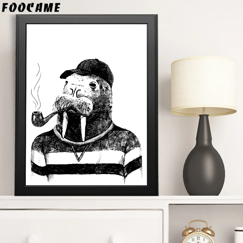 FOOCAME Cartoon Animal Hippo Pipe Black and White Posters Print Art Canvas Painting Home Decor Wall Pictures For Living Room | Дом и сад