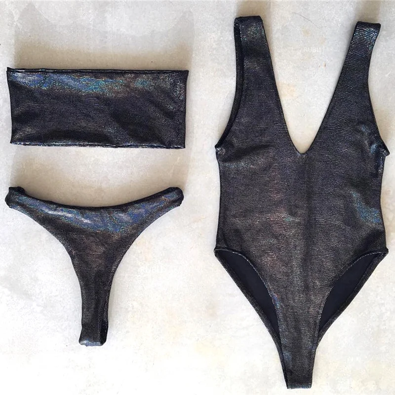 Bling Sequins PU Leather Sexy Two-Piece Bathing Suits Women Push-up Black Silver Monokini Swimsuit Triangle Swimwear Bikini Set