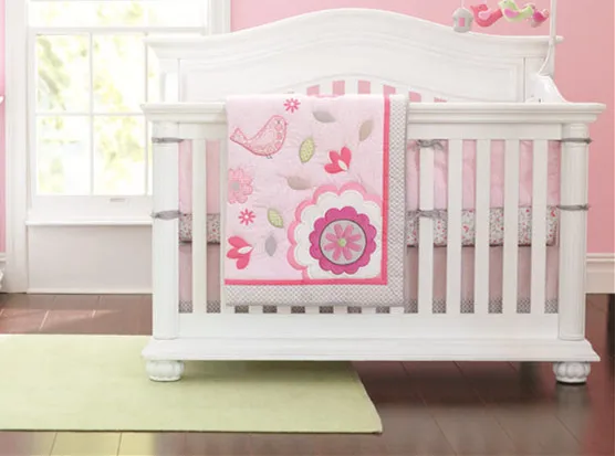 

Discount! 7pcs Embroidered baby cot bedding set for baby girls baby cot sets baby set,include(bumpers+duvet+bed cover+bed skirt)