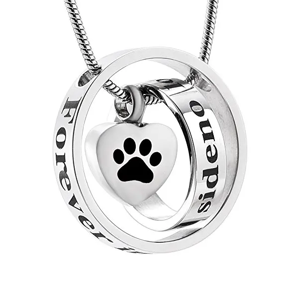 

JJ012 Dog/Cat Paw Print Heart Urn Necklace- No Long By My Side ,Forever In My Heart Cremation Jewelry For Ashes For Pet Keepsake