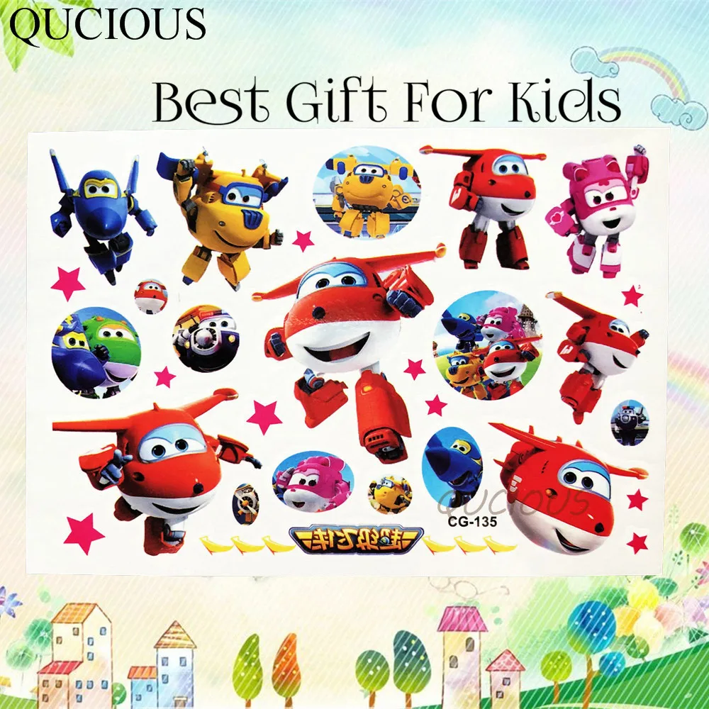 QUCIOUS из мультфильма, популярная яркая детская одежда с рисунками героев из мультфильма «Супер Крылья», автомобили временная татуировка Стикеры для мальчиков ясельного возраста подарок Томас поезд тату 3D Татуировка "Самолетик" Бумага - Цвет: QCG135