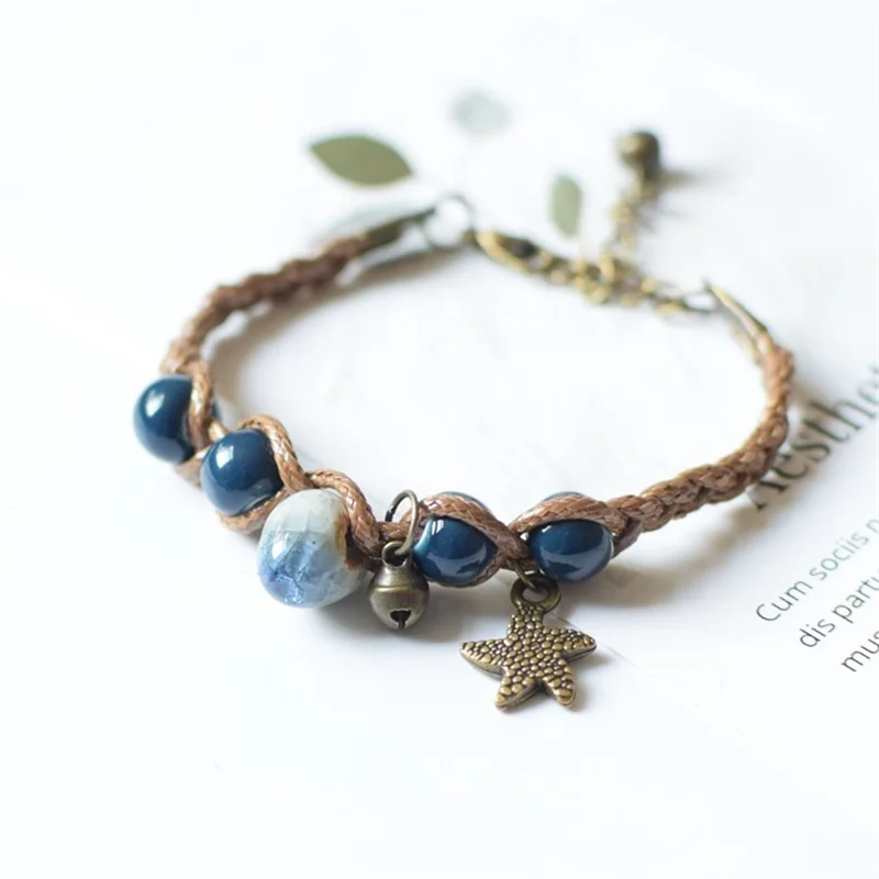 

New fashion hot sale starfish ceramic braided bracelet small fresh girlfriends bells bracelets couples Lovers jewelry