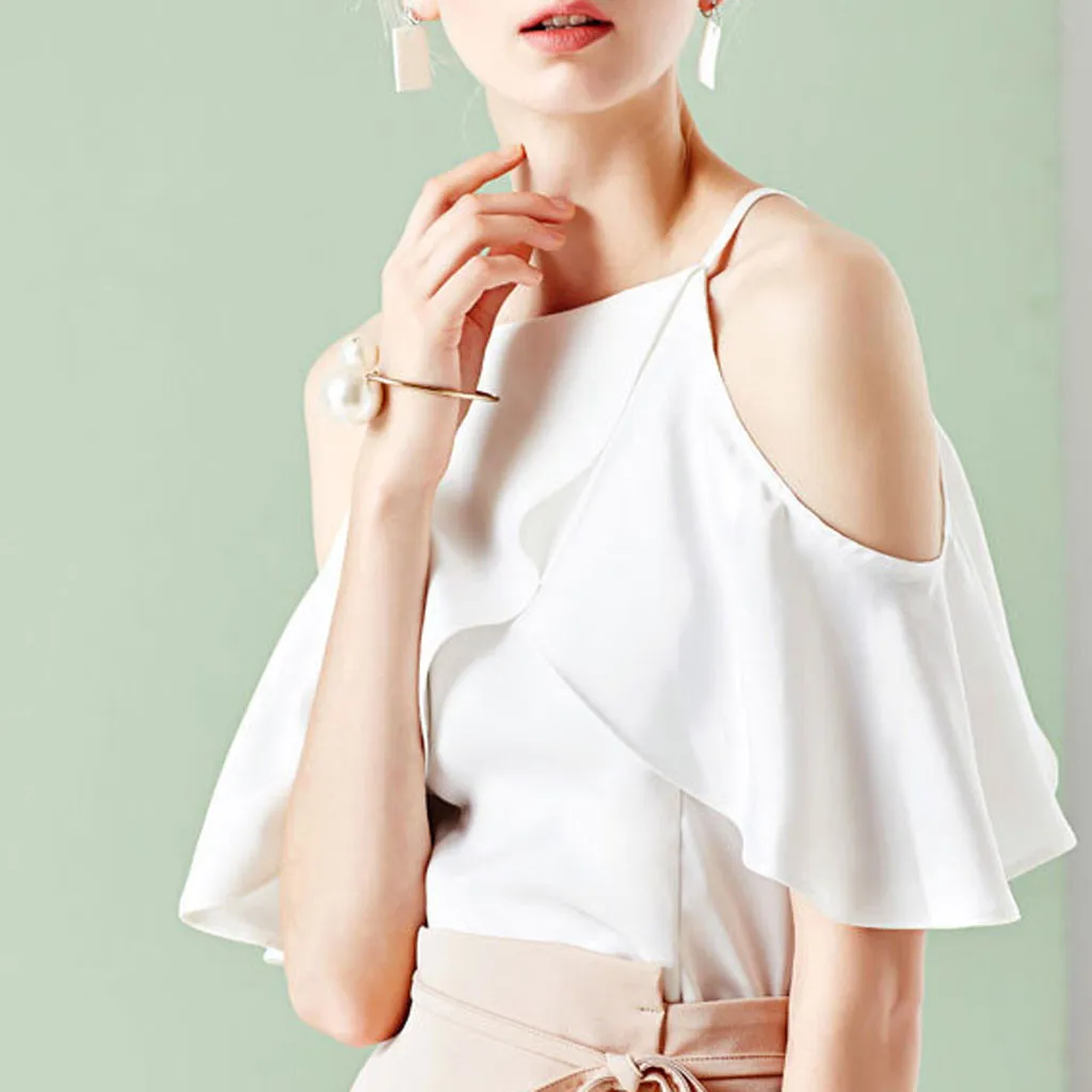 Женская футболка с открытыми плечами Однотонная воланами на рукавах|Футболки| |