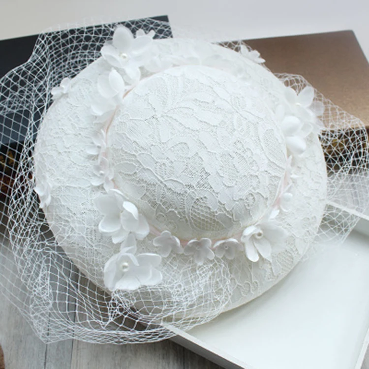 

Pure White Wedding Hat 30CM WOmen Lace Flower Fascinator Hat Bride Veil Hair Accessories Vintage Fashion Derby Party Headdress