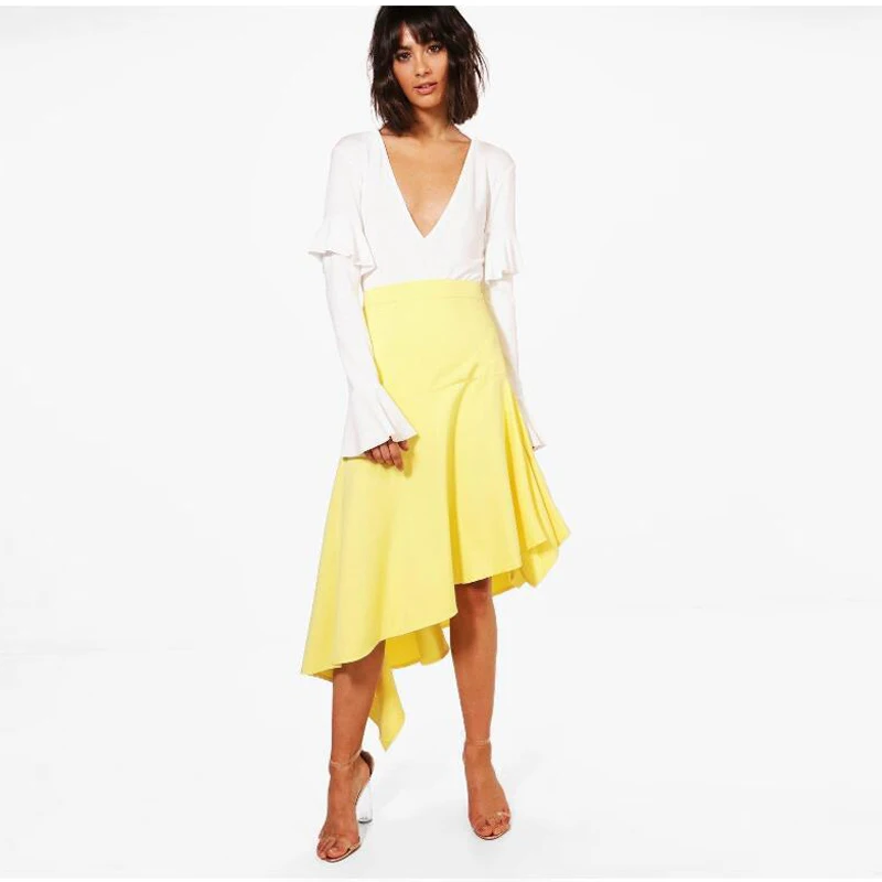 Женская ассиметричная атласная юбка на молнии макси длиной до колена лимонно