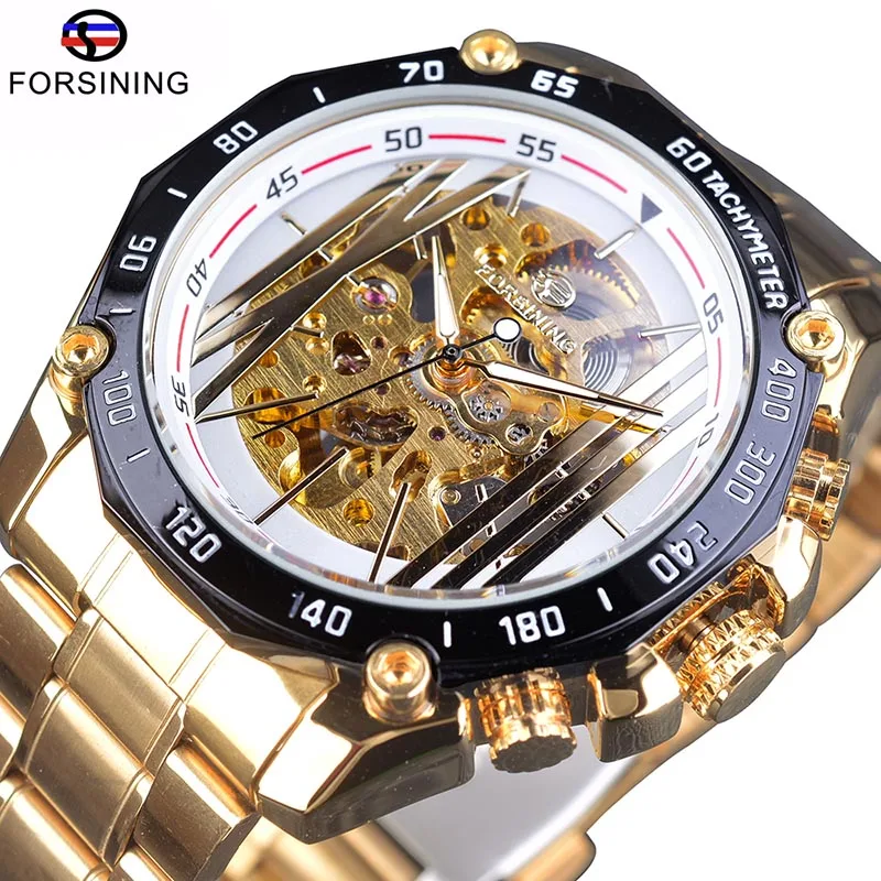 White Golden Forsining военные спортивные дизайнерские автоматические прозрачные Серебристые Мужские механические часы с скелетом из нержавеющей стали от ведущего бренда класса люкс - Цвет: White Golden