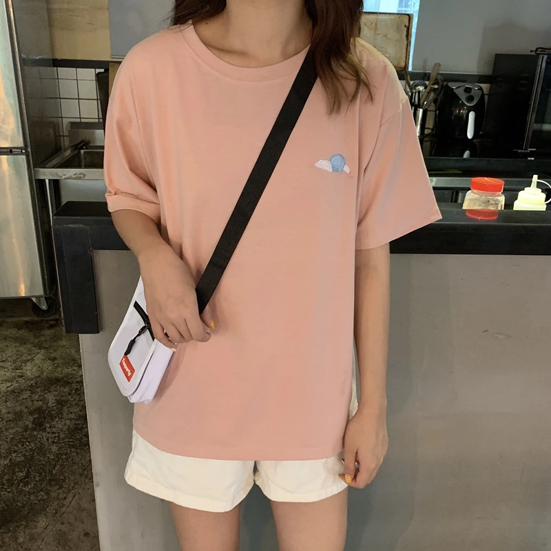 Винтажная Футболка женская летняя одежда хлопковый топ простая вышивка футболки