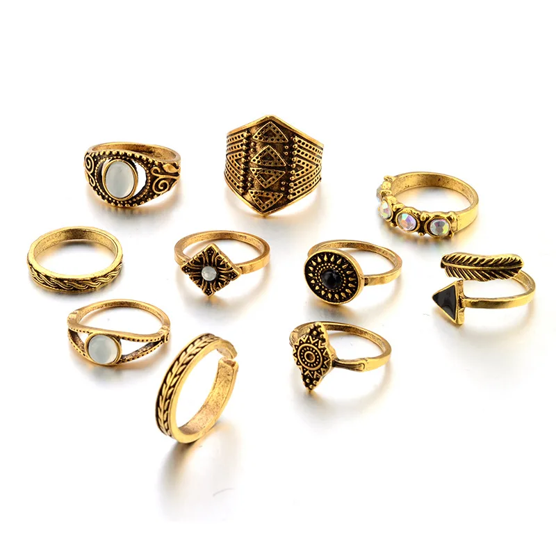 Sindlan Ring Fashion Vintage Jewelry Bohemian Engraving Motif Crystal Opal Exaggerated Punk 10pcs / Set Knuckle For Women | Украшения и