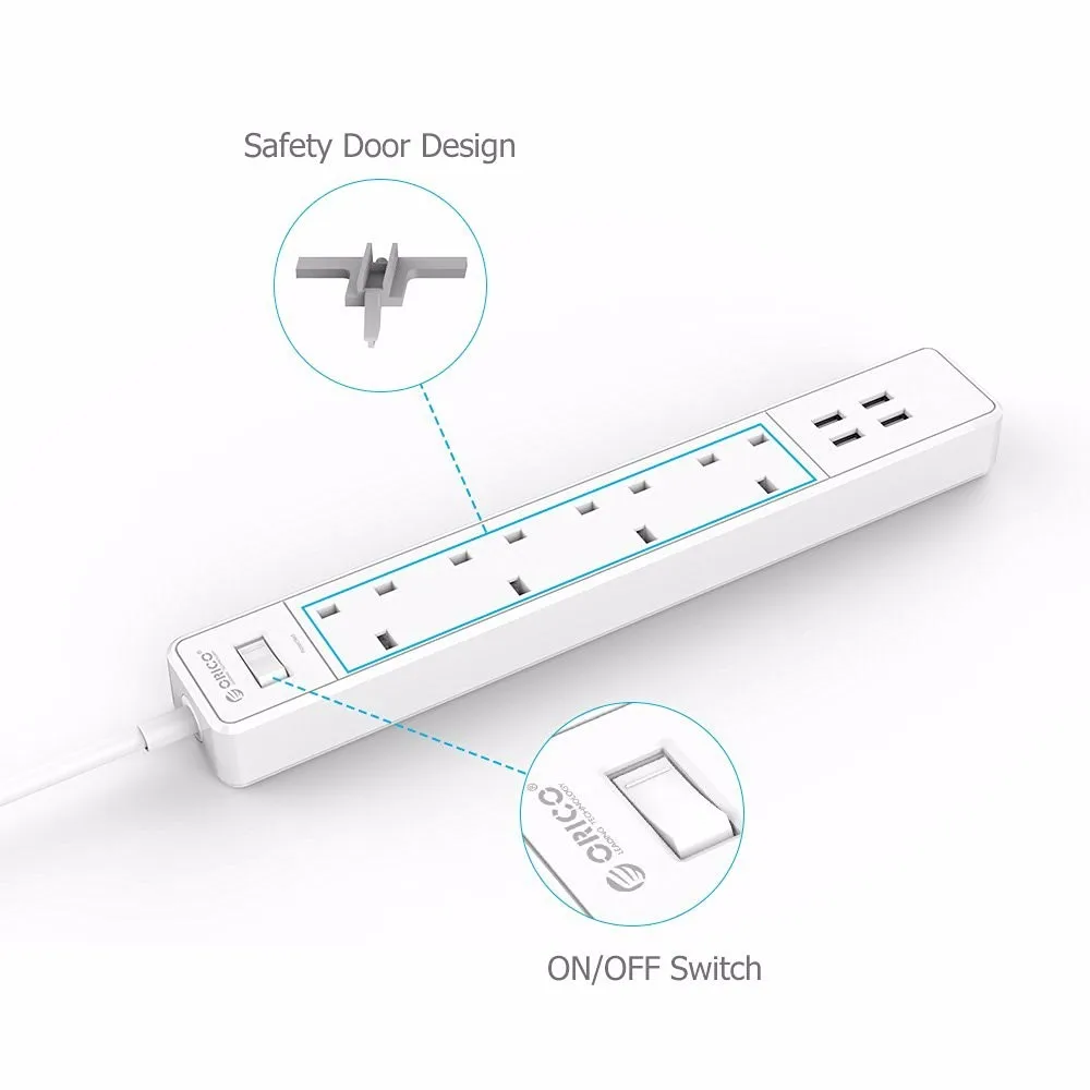 ORICO OSC4A4U, штепсельная вилка Великобритании 4AC, 4 порта usb, защита от перенапряжения, 20 Вт, выходная лента питания с 1,5 м, шнур питания, белый