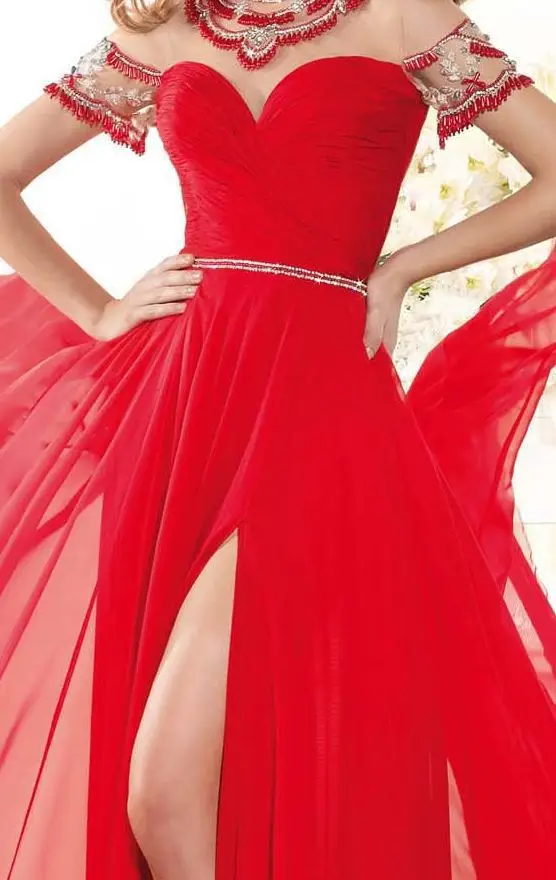 2014 Vestidos A-line High Collar Cap Sleeves Court Train Red Chiffon Beaded Long Party Elegant Evening Dresses Prom Gown | Свадьбы и