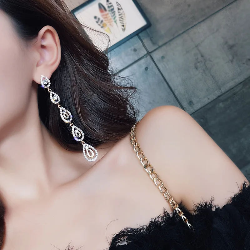 MENGJIQIAO 2018 Новые Роскошные Полные Стразы капли воды длинные Pendientes Mujer Moda элегантные