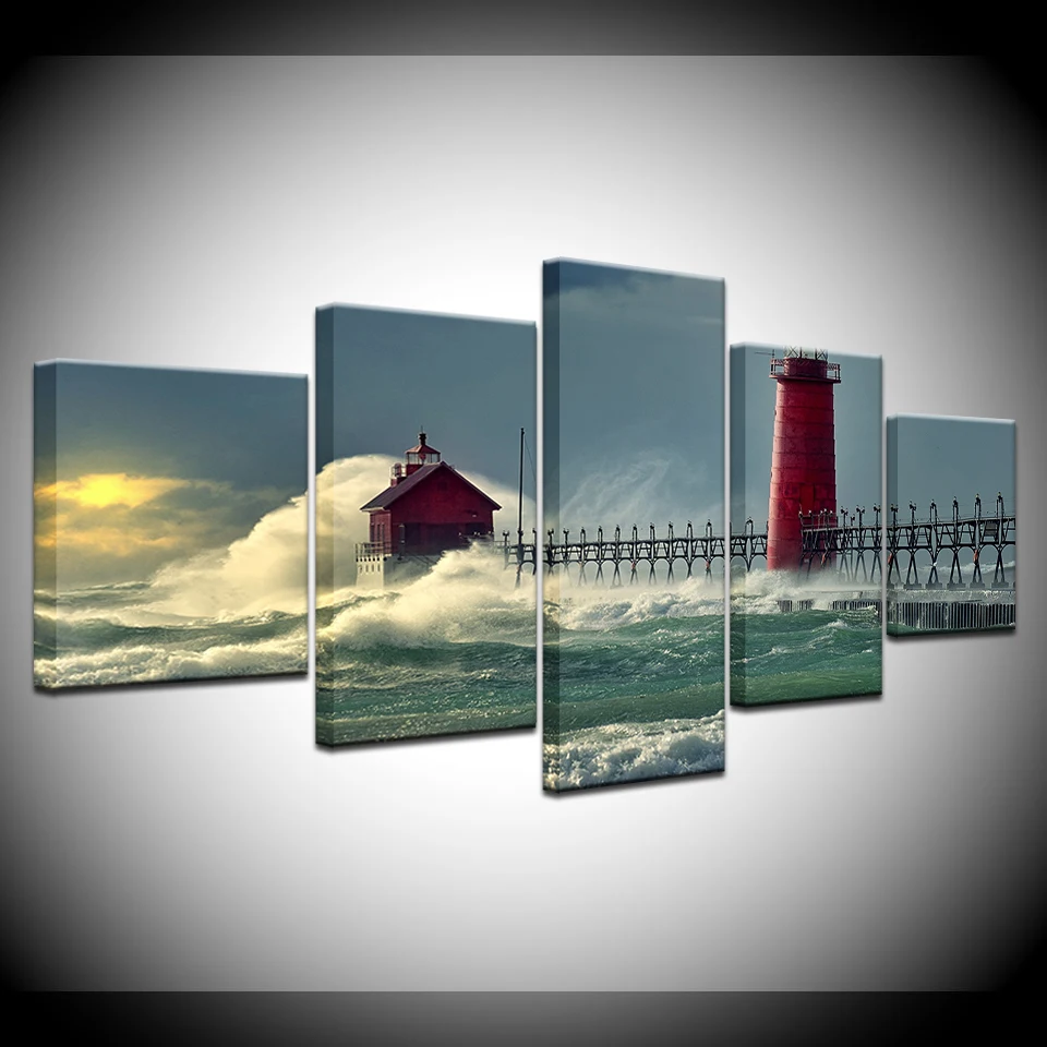 

Canvas Painting Grand Haven Lighthouse seascape 5 Pieces Wall Art Modular Wallpapers Poster Print for living room Home Decor