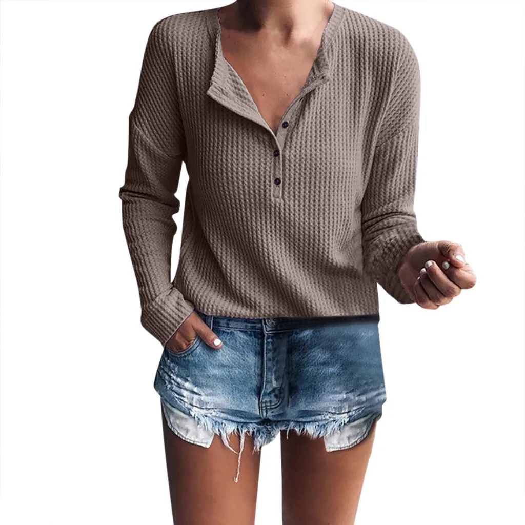 FREE OSTRICH Women's Solid Color Knit Button Long Sleeve T-Shirt V-neck tops Casual Fashion Loose Shirt plus Size | Женская одежда