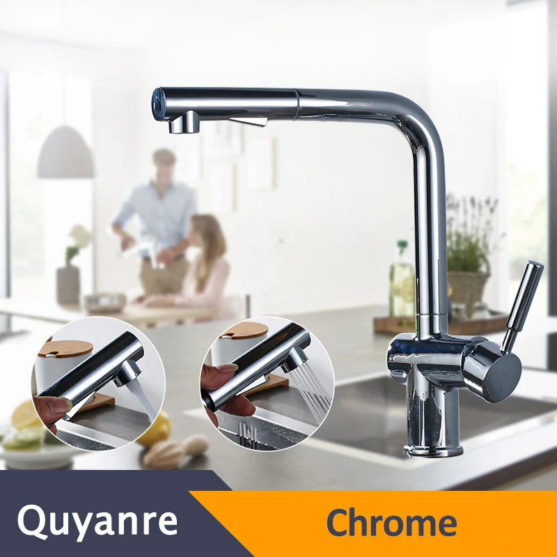 Quyanre, матовый никель, выдвижной кухонный кран, вращение на 360, H/C, смеситель, выдвижной спрей, смеситель для кухни, кран для раковины, Torneira Cozinha - Цвет: Chrome
