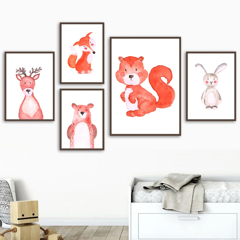 

Watercolor Fox Bear Rabbit Raccoon Deer Animal Nordic Posters and Prints Wall Art Canvas Painting Wall Pictures Kids Room Decor