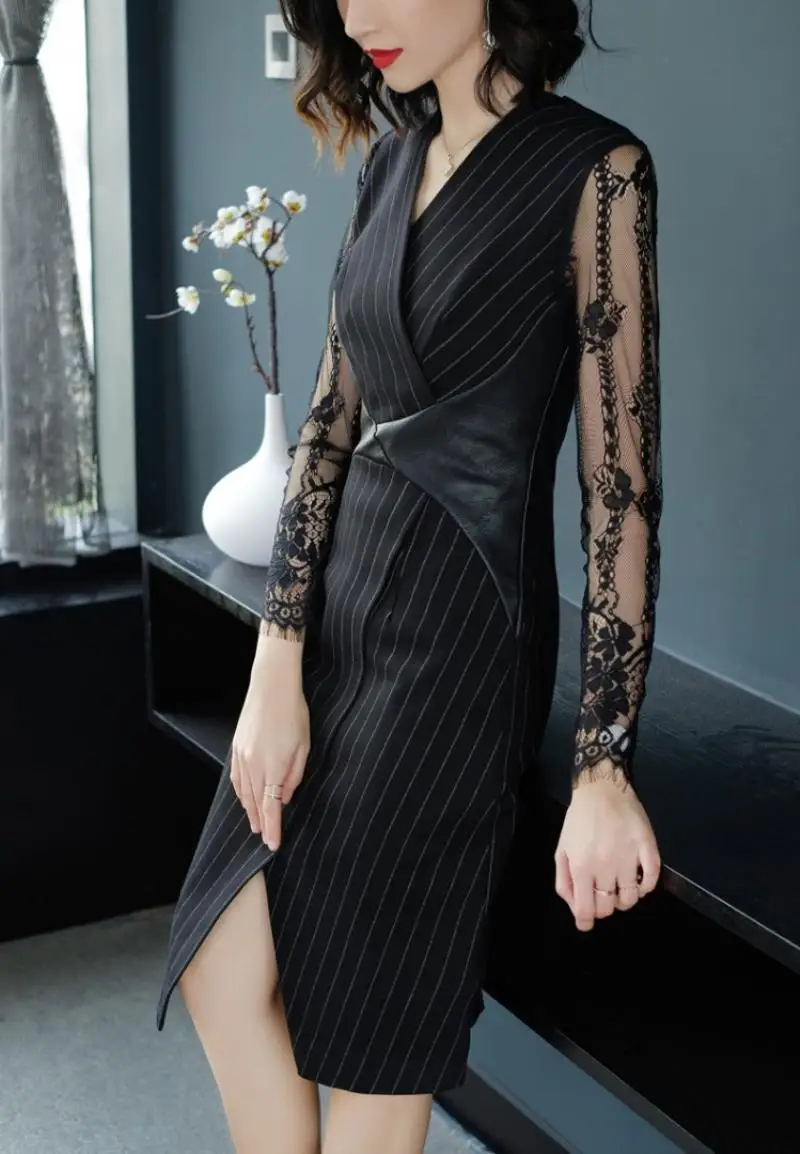 Новинка Весна 2018 женское платье с длинным рукавом черное сексуальное вечернее в