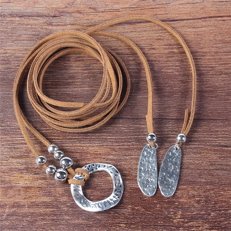 Ожерелье чокер женское кожаное многослойное Длинное колье с подвеской в виде