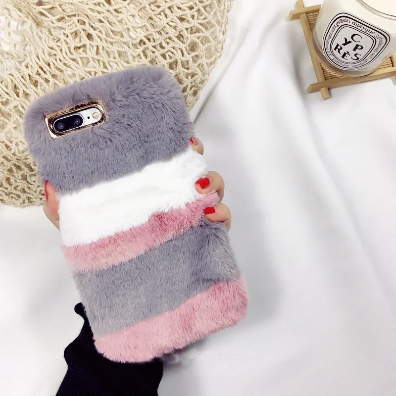 Роскошный теплый плюшевый чехол в полоску Capinha для Apple iPhone X 5 5S se 6 6splus 7 8 plus чехлы из