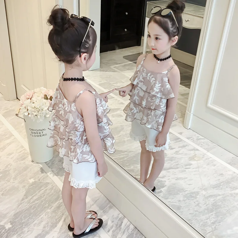 Для девочек Костюмы 2018 Повседневное футболка с цветочным принтом + шорты из двух