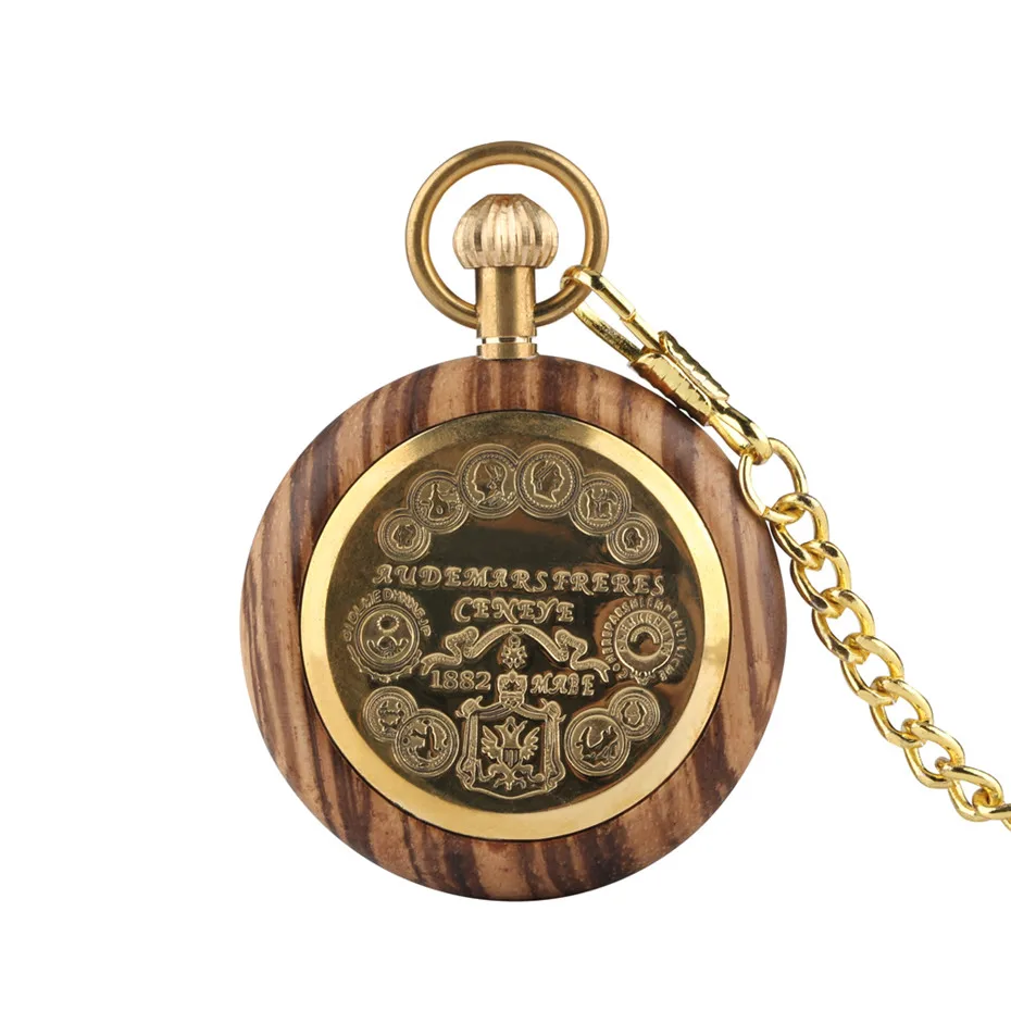 Vintage Open Face Roman Numerals Display Quartz Pocket Watch Wooden Case Luxury Pendant Steampunk Clock with Golden 30 cm Chain | Наручные