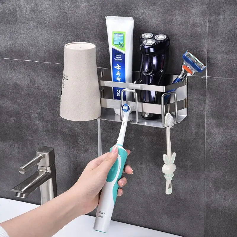 Stainless Steel Toothbrush Holder Toothpaste Stand Rack Adhesive Bathroom Organizer