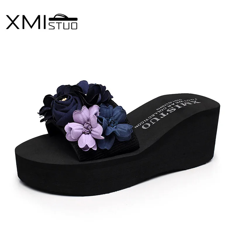 XMISTUO Women Sandals with Flower Female Summer Beach Wedges Slides Water-Resistant 7CM High-Heeled Slippers 2 Color 7180W