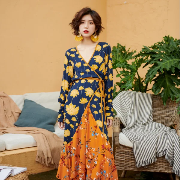 Floral with Straps V Neck Bohemian Beach Dress Sexy Long Sleeve Maxi Women Dresses Ruffles Asymmetrical Vestidos Verano 2019 | Женская