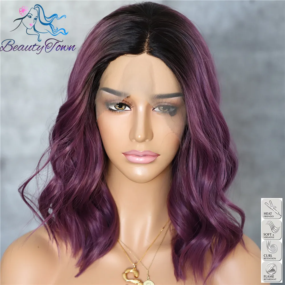 BeautyTown темный корень Омбре фиолетовый красочные короткие волосы блоггер ежедневный макияж Glueless синтетические кружева перед Свадебная вечеринка парики