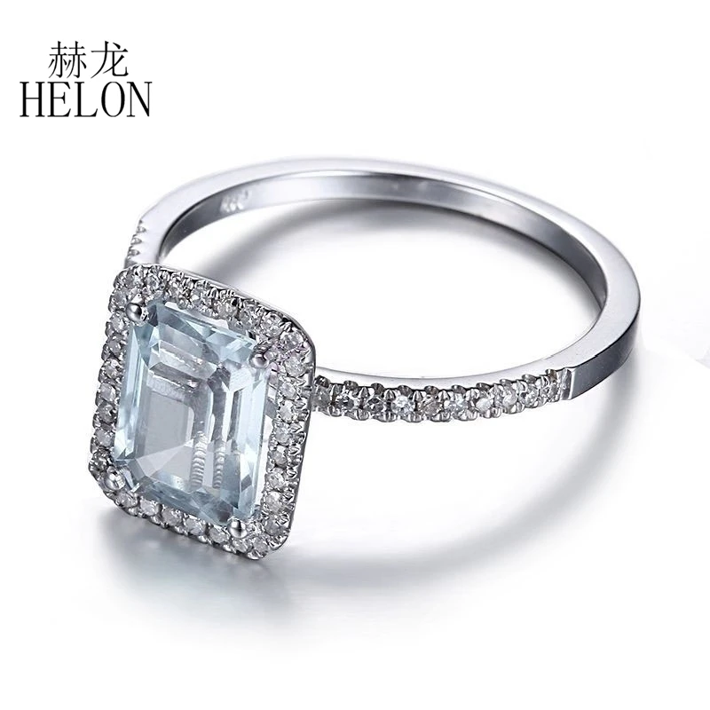 Helon 1.5 ctcushion Cut 8x6 мм Натуральный аквамарин и природных алмазов Твердые 10 К белого золота Обручение Свадебные для женщин Jewelry Кольцо