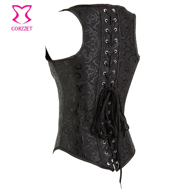 Черный жаккардовый корсет на талии под грудь жилет стальной с косточками для