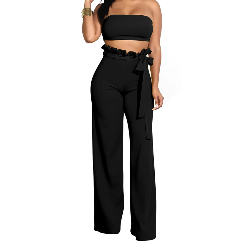 Женщины без бретелек Растениеводство Топ и широкие штаны элегантный оборками