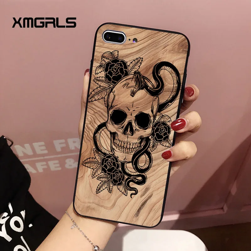 Xmgrls имитация дерева зерна череп для iPhone 7 случае узор Нескользящая PC матовый