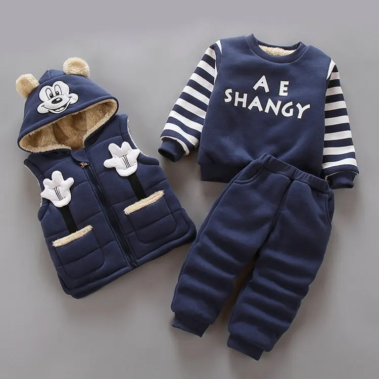 Children clothing sets baby boy and girls winter fashion cartoon mickey thicking Plus velvet hooded warm 3 pcs casual sport suit | Детская