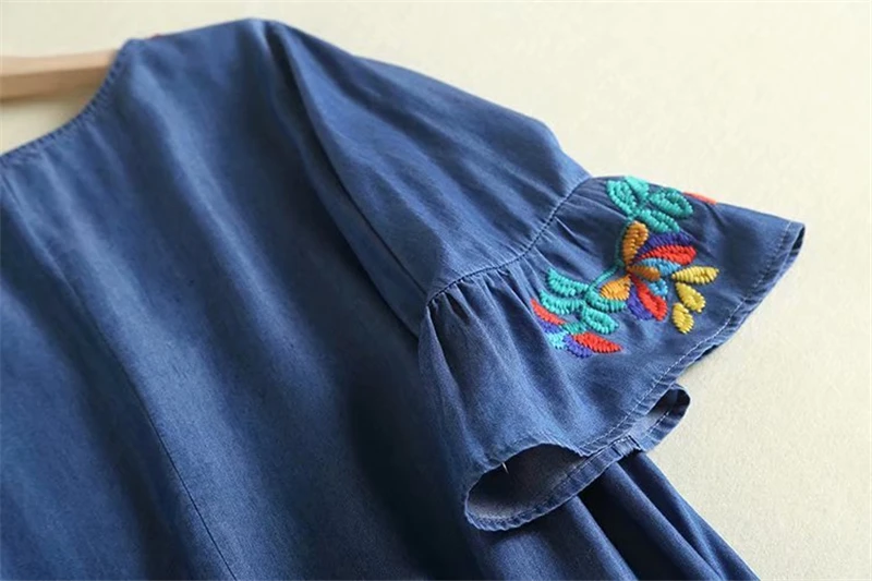 Vintage chic women floral embroidery beach Bohemian midi dress Ladies short sleeve v-neck denim Boho vestidos
