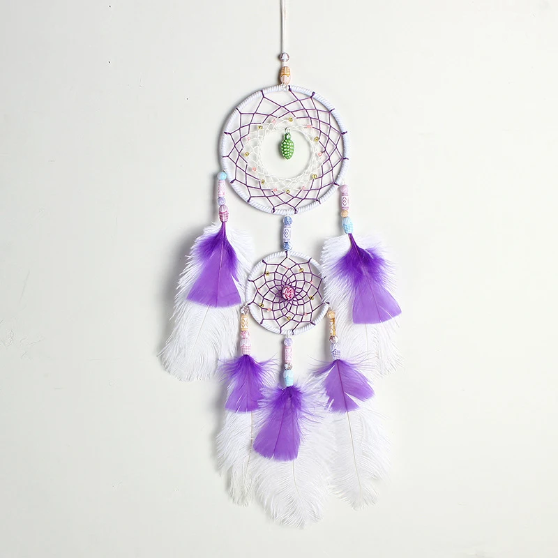 

Двухуровневый пурпурный Ловец снов с страусиным украшением, автомобильный кулон ручной работы в подарок bmq047