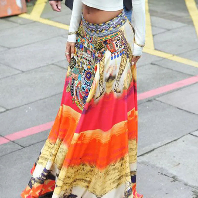 Шифон чешские юбки 2018 с цветочным принтом Для женщин макси большие качели летняя