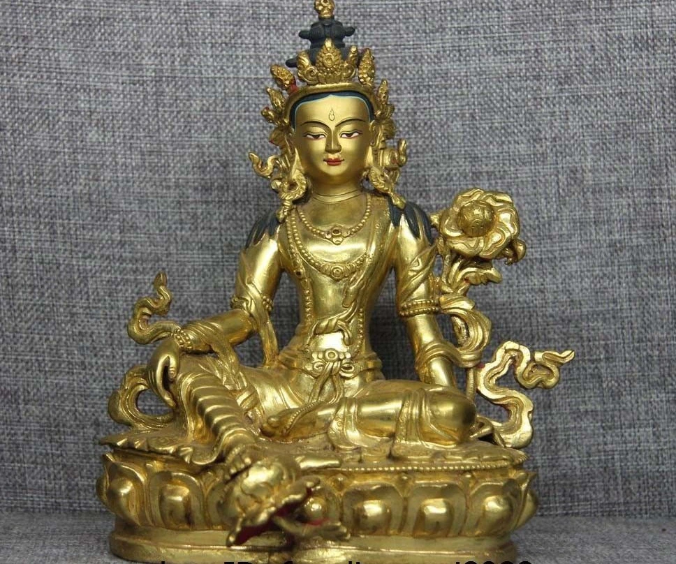 Тибетская Чистая медь и бронза 24 K золото зеленый Tara Kwan yin статуя Будды