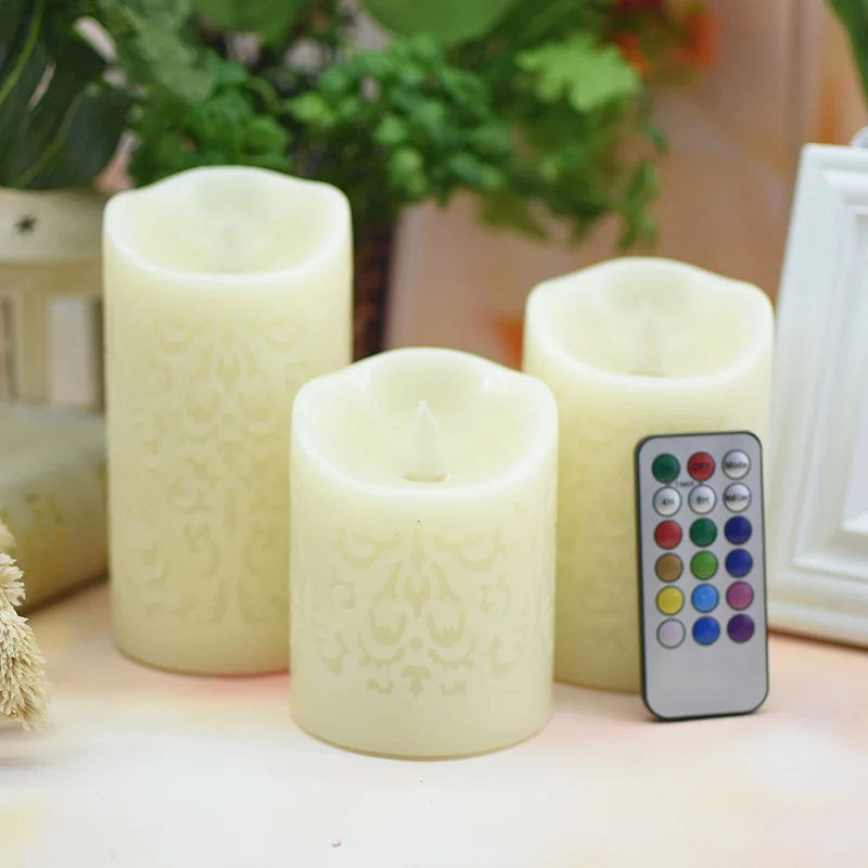 

1 Set of 3 Flameless Electronic Candle LED Candle With RBG Remote Control Wax Candle For New Year Christmas Wedding Decoration