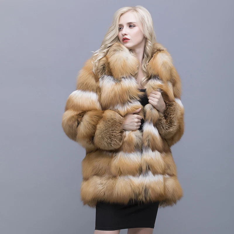 QIUSIDUN The Red Fox Fur Coat Mandarin Collar 75 Cm Coat Winter Warm Fashion Large Size Woman's Fur Coat Pocket Female Fox 2017