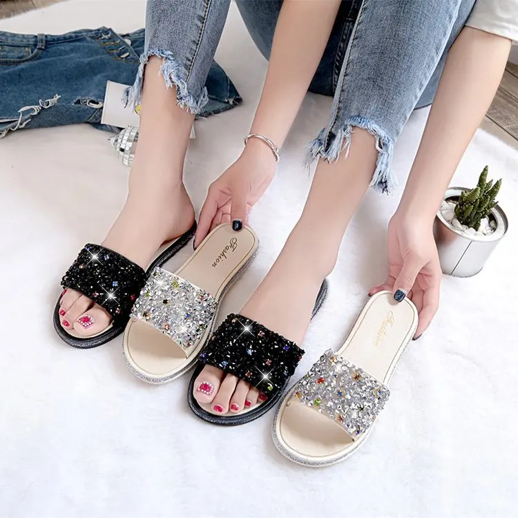 Летние Для женщин шлепанцы с камнями из искусственной кожи со стразами слайды