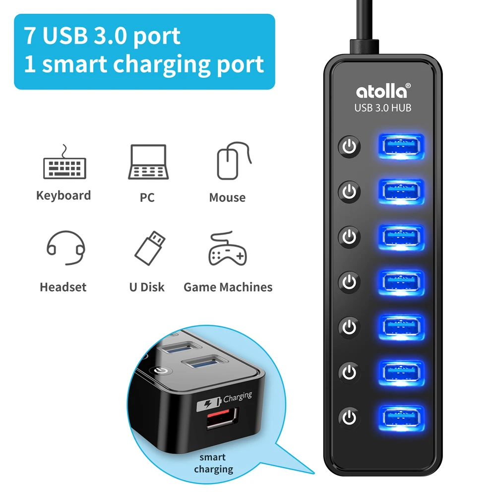 Atolla USB 3 0 концентратор 7 портов сплиттер с переключателями + 1 умный зарядный порт