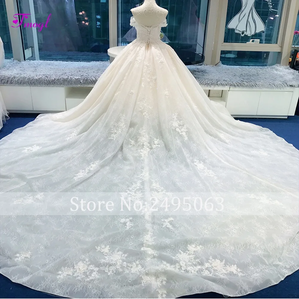 Fmogl Gorgeous Appliques Lace Chapel Train A-Line Wedding Dress 2020 Luxury Beaded Sweetheart Pearls Bride Gown Vestido de Noiva | Свадьбы и