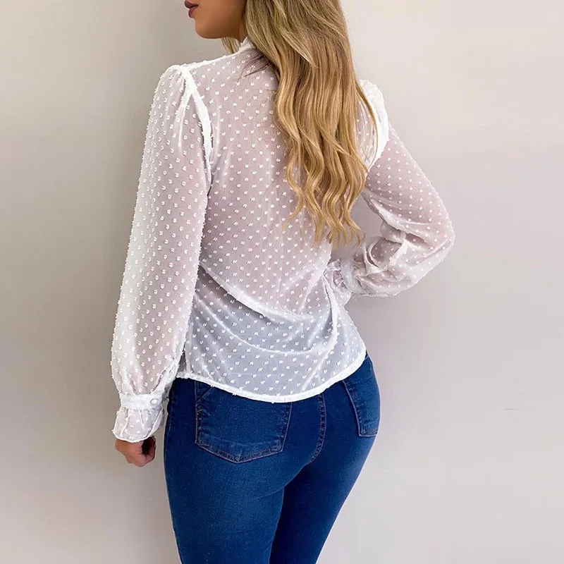 Chiffon Blouse Long Sleeve Sexy Transparent Office Ladies Tops Bowtie V Neck Shirt Women Button Blouses Woman 2019 Blusas Femme |