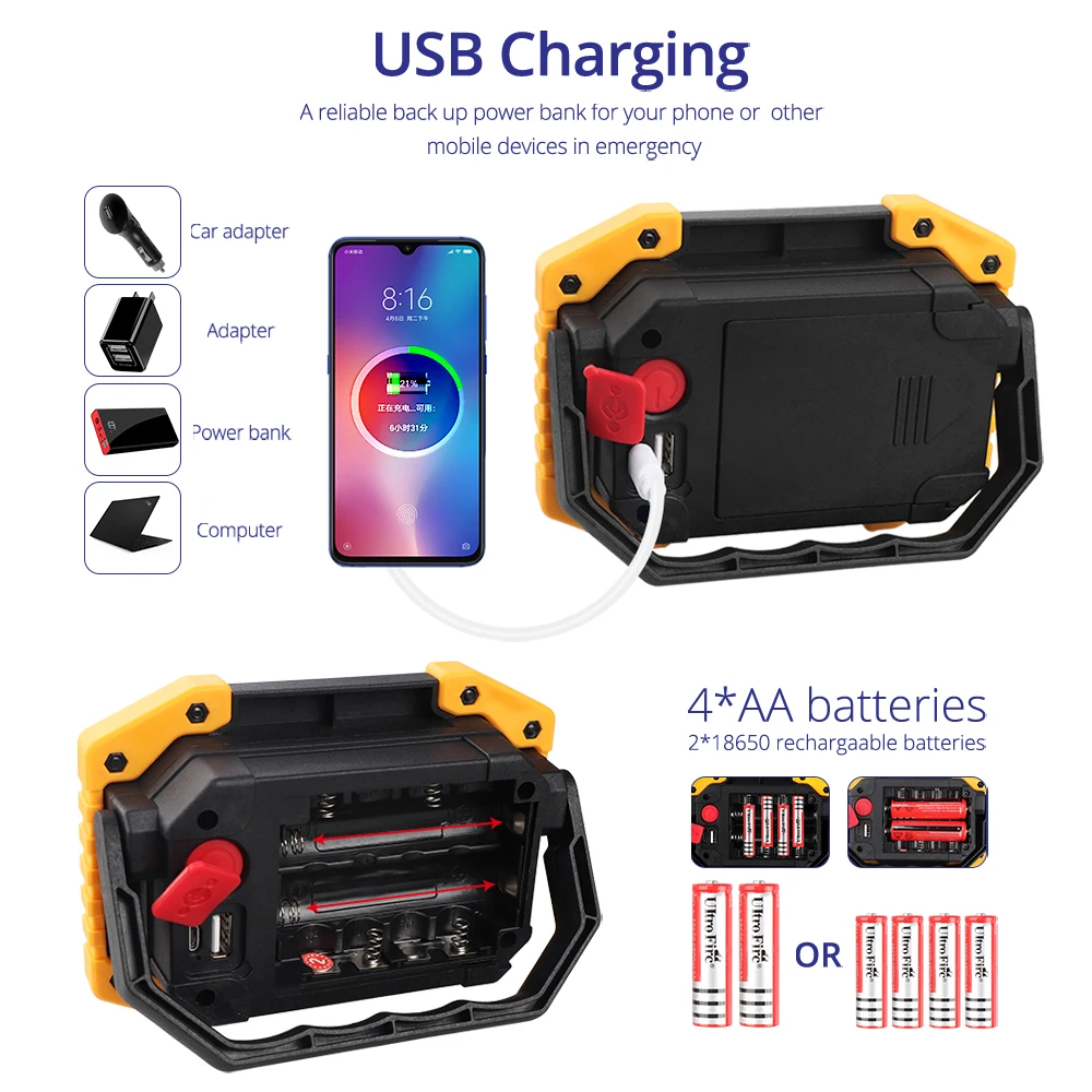 Портативный светодиодный прожектор 20 Вт USB зарядка Светодиодный DC5V 18650